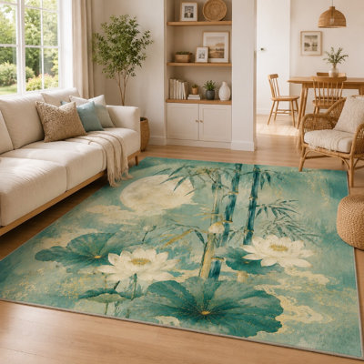 1Pcs Vintage Chinese Bamboo and Lotus Moon Landscape Rug, Artistic Water Lily Print for Living Room, Bedroom, Hallway, Decorative Floor Mat, Non-Slip Area for home detor