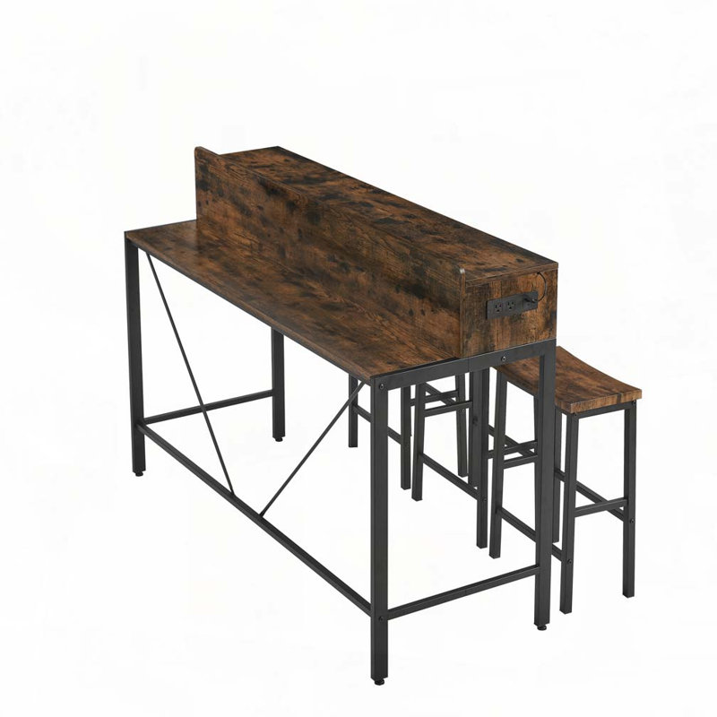 Console 59 po avec prise de courant et lumière DEL, 3 tabourets de selle, Brun