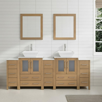 Ensemble de meuble-lavabo autoportant à double cuve 84 po avec plateau en marbre d'ingénierie et miroirs assortis Ravenna