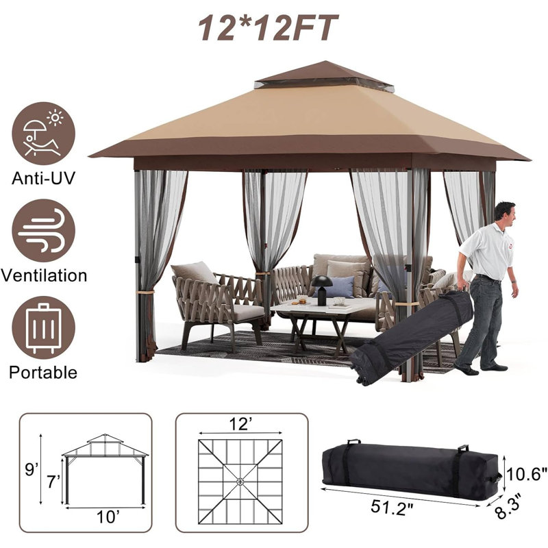 12x12 Pop up Gazebo with Mosquito Netting, Metal Frame Canopy with Double Roof, Outdoor Canopy Tent with Portable Carrying Bag, Party Tent for Garden