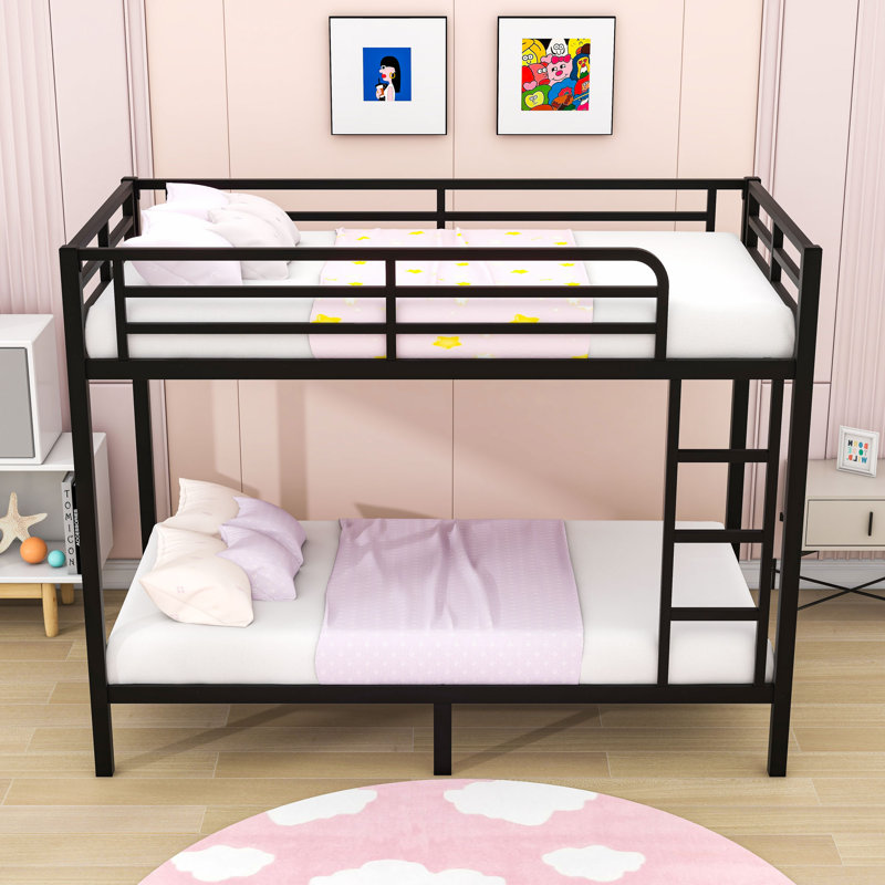 Metal Bunk Bed With Guardrails And Ladder, Black, Extra Long Twin