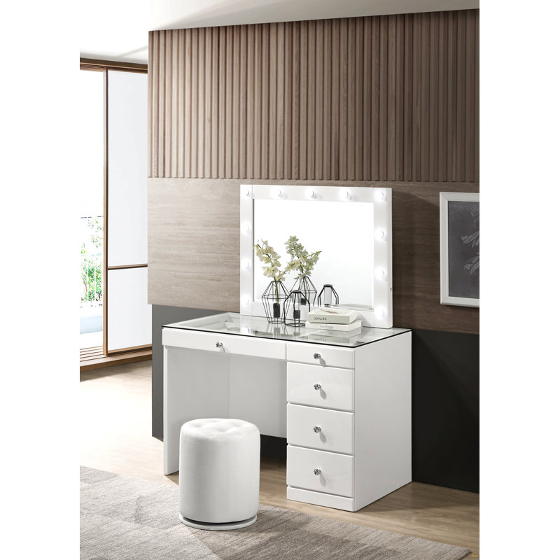 1Pc Glam Contemporary Upholstered Round Swivel Vanity Stool Button Tufted Seat White, White