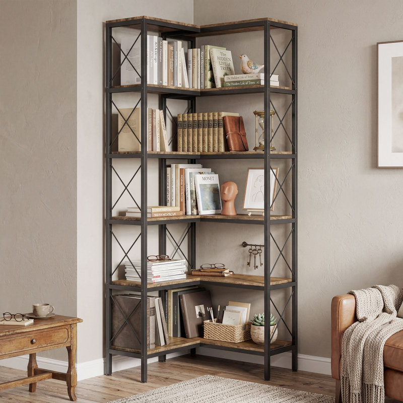 HOMCOM L-Shaped Bookshelf Bookcase with Metal Frame, Rustic Brown, 167 cm H x 60 cm W x 60 cm D x