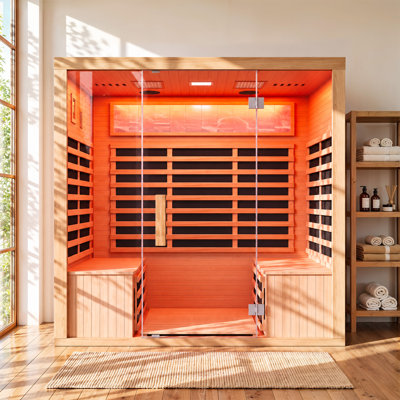 Your Personal Indoor Infrared Sauna for 4 Person, Low EMF 2980W/240V Canadian Hemlock Wood Sauna with 10 Heating Panels, 7-Color Light Therapy, Salt Crystal Accent and Beauty Light