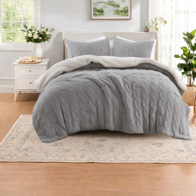 Ensembles de literie confortables en chenille simple, édredon gris avec revers en sherpa pour plus de chaleur