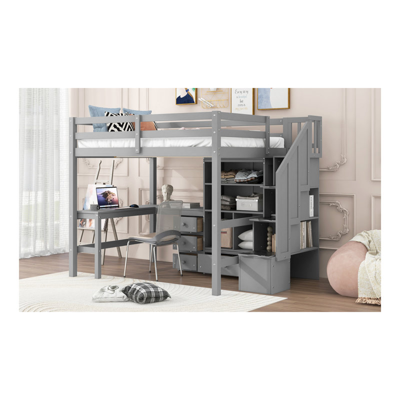 Lit mezzanine double avec bureau en L et tiroirs, armoire et escalier de rangement, gris