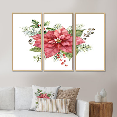 «Holly Mistletoe Berries & Christmas Fir Branch II», peinture sur toile 3 pièces