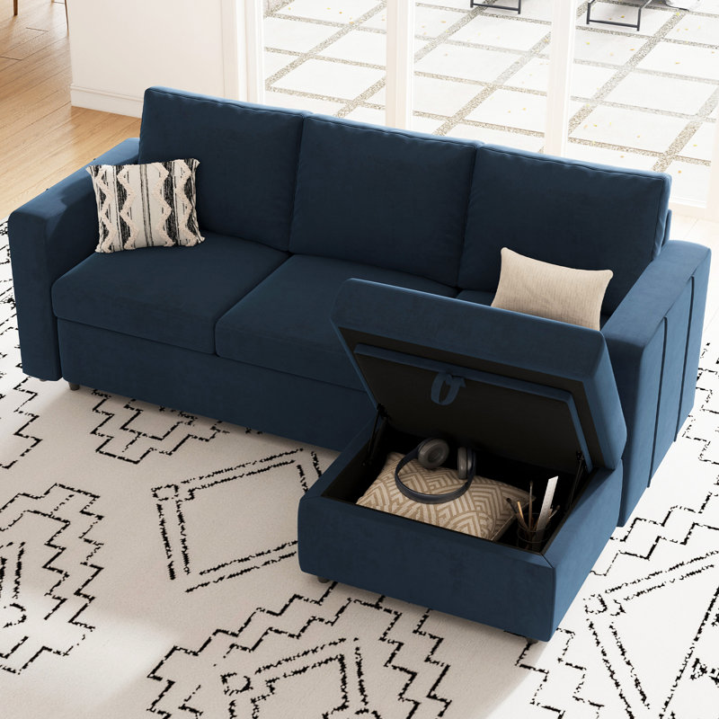 Rafael 5-Piece Velvet Apartment 3-Seat Sofa Sectional Sofa With Storage Ottoman, Blue Velvet
