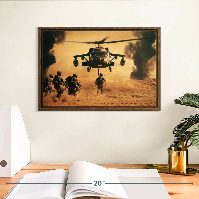 Bataille héliportée, 13 po x 9 po, Cadre flottant noyer