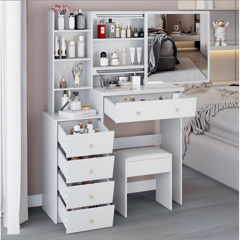 37" Middle Size Left Bedside Cabinet Vanity Table + Cushioned Stool, Extra Large Right Sliding Mirror, Multi Layer High Capacity Storage, Practical Fashionable Dresser, Suitable For Large Space