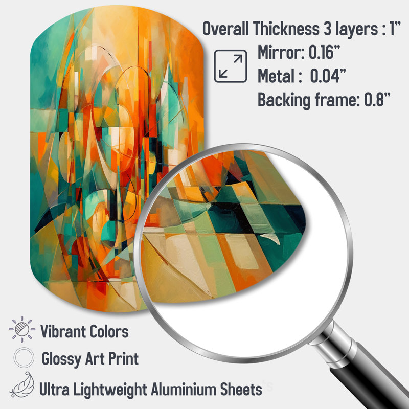 «Kaycion Abstracting The Cubist Form IV - Cubism, asymétrique, art mural en métal pour le salon, cylindre orange, impression sur métal