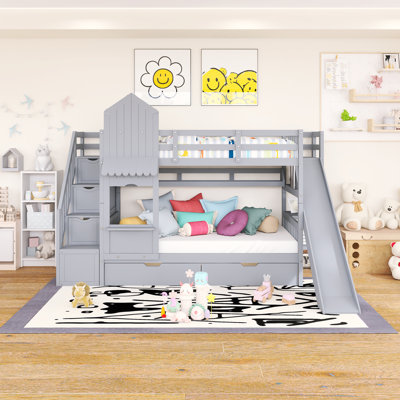 Lit superposé simple au-dessus de simple avec cadre en bois avec 2 tiroirs, 3 tablettes et glissade