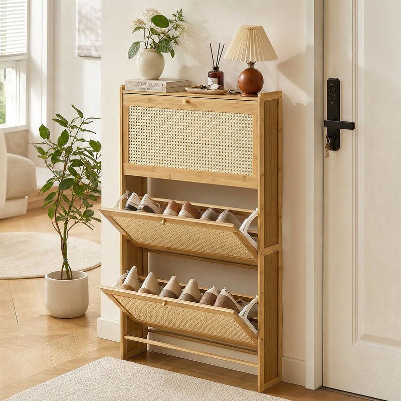 5-Tier Shoe Cabinet For Entryway, Rattan Shoes Storage Cabinet Narrow Organizer With 2 Flip Drawers, Tan