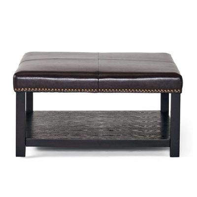 Grand banc repose-pieds carré, table basse en similicuir, table basse avec repose-pieds et pieds en bois massif, repose-pieds surdimensionné pour le salon