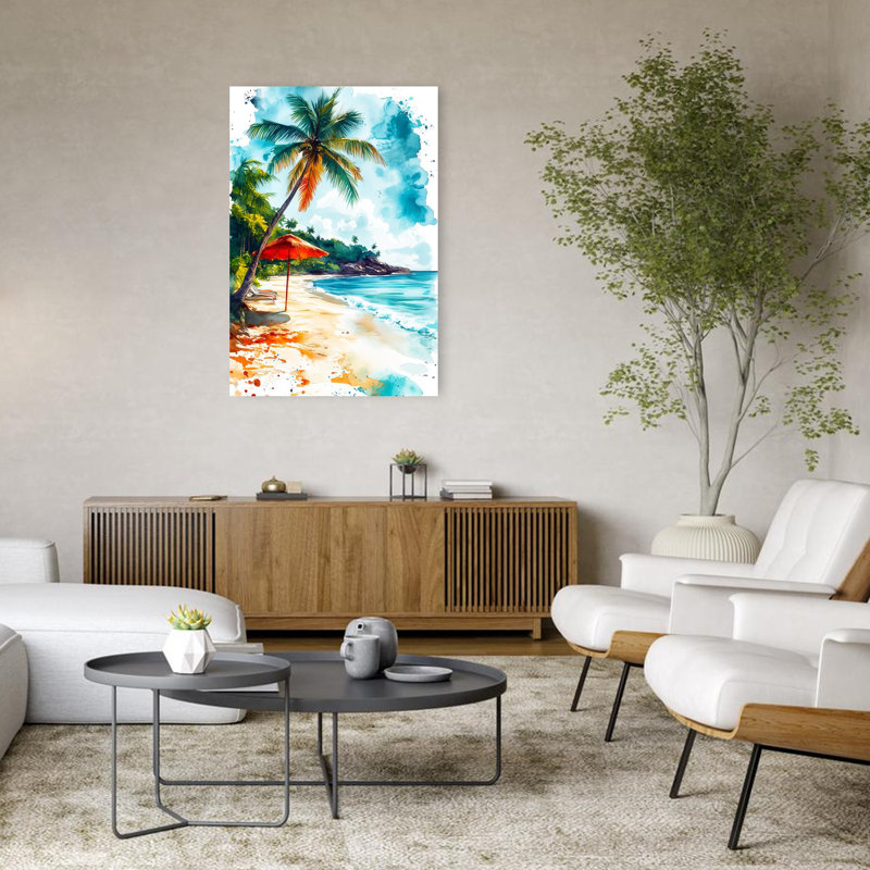«Tropical Beach», aquarelle sereine, palmier abstrait, art mural côtier, H 48 po x l 32 po