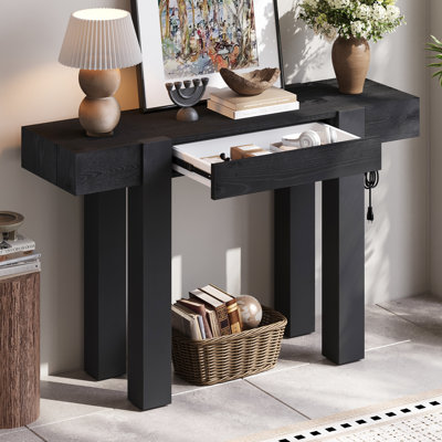 Black Wood Table In Rustic - Minimalist Style For Living Rooms, With Hidden Drawer And Side Power Outlet, 30 Minute Assembly, Quality Build Entryway Table, Equipped A Contemporary Environment, Solid