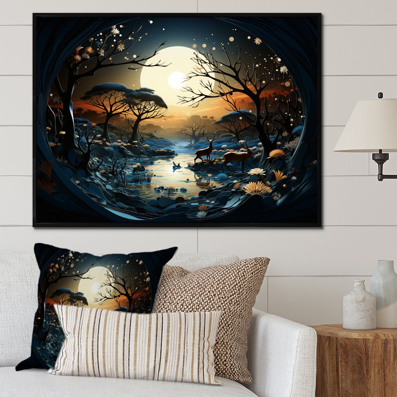 «Dreamy Moonlit Jungle I», art mural abstrait, H 16 po x l 32 po x P 1 po, Cadre flottant noir
