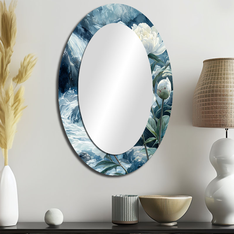 Pivoines au bord de la rivière I - Miroir décoratif floral ovale sur métal, 36 po x 24 po