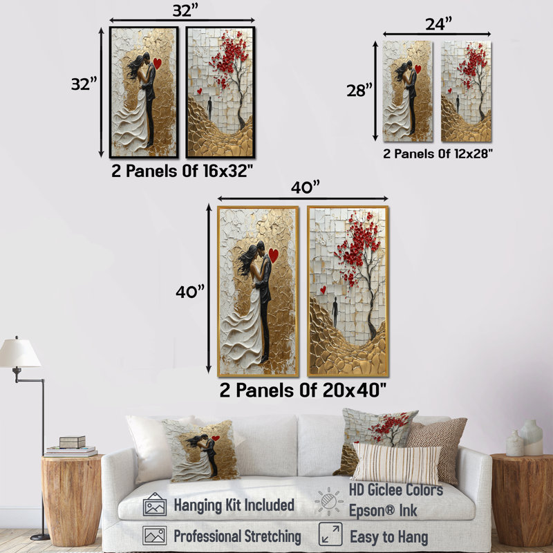 Or, rouge, tango argentin, couple romantique, ensemble d'art mural 2 pièces, Toile tendue, H 28 po x l 24 po