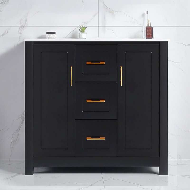 Meuble-lavabo blanc 36 po avec lavabo simple, armoire encastrée combinée, armoire de rangement avec 2 portes et 2 tiroirs, fermeture en douceur, rangement multifonctionnel