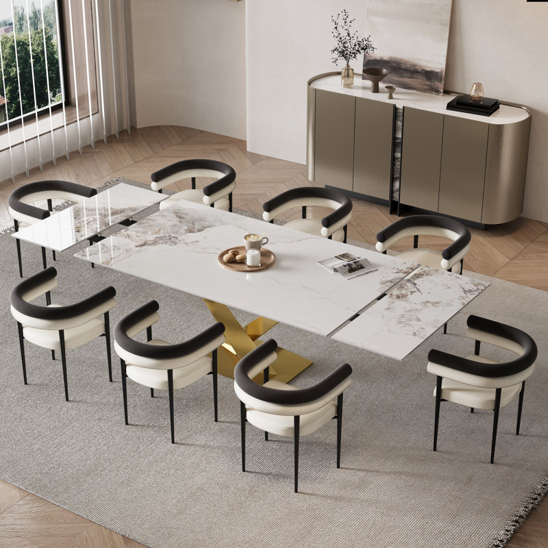 Ensemble de table de salle à manger 9 pièces avec plateau extensible en fritté de 94,5 po et fauteuil rembourré, Chanel, Doré