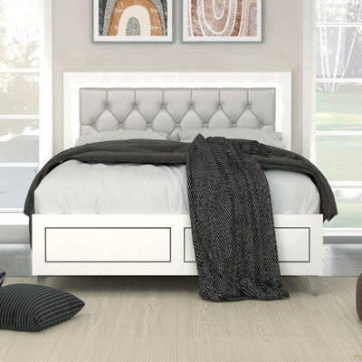 Queen Bed With LED Light Padded Headboard