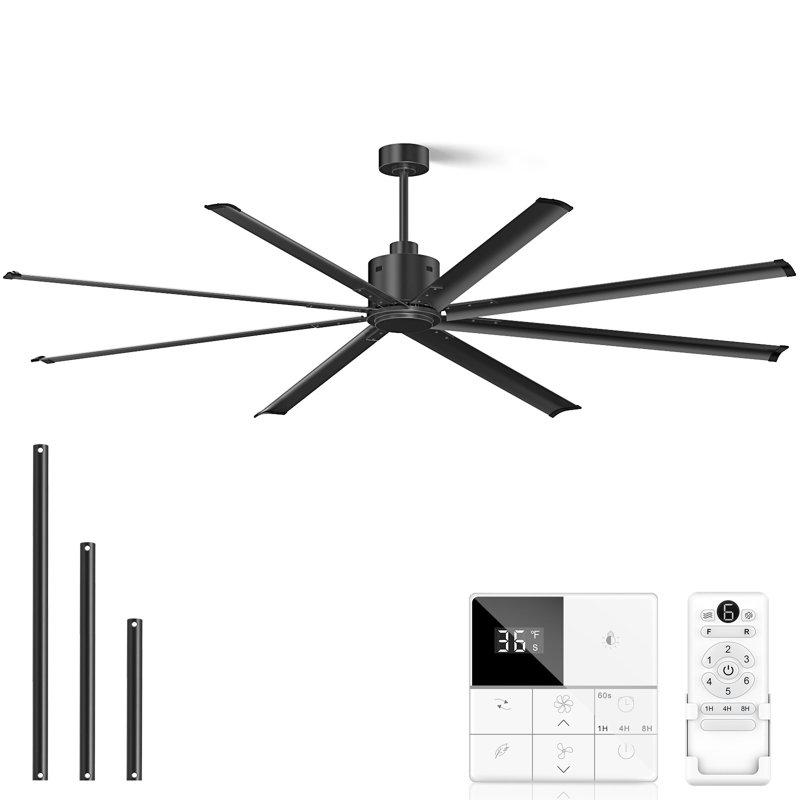 84 Inch Industrial Ceiling Fans No Lights, Large Ceiling Fan With 8 Reversible Blades, Outdoor/Indoor Industrial DC Motor Ceiling Fan With 6-Speed Remote Control For Porch Garage Shop Gym, Black