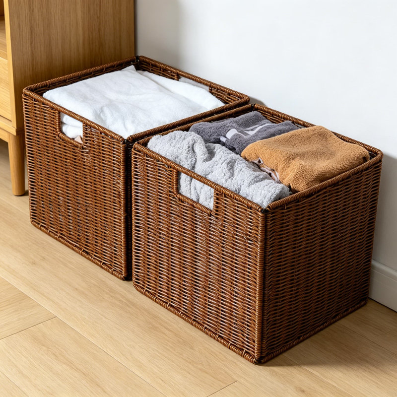 Handwoven Wicker Storage Basket With Handles, Foldable Organization Bin For Shelves, Pantry, Kitchen And Bathroom