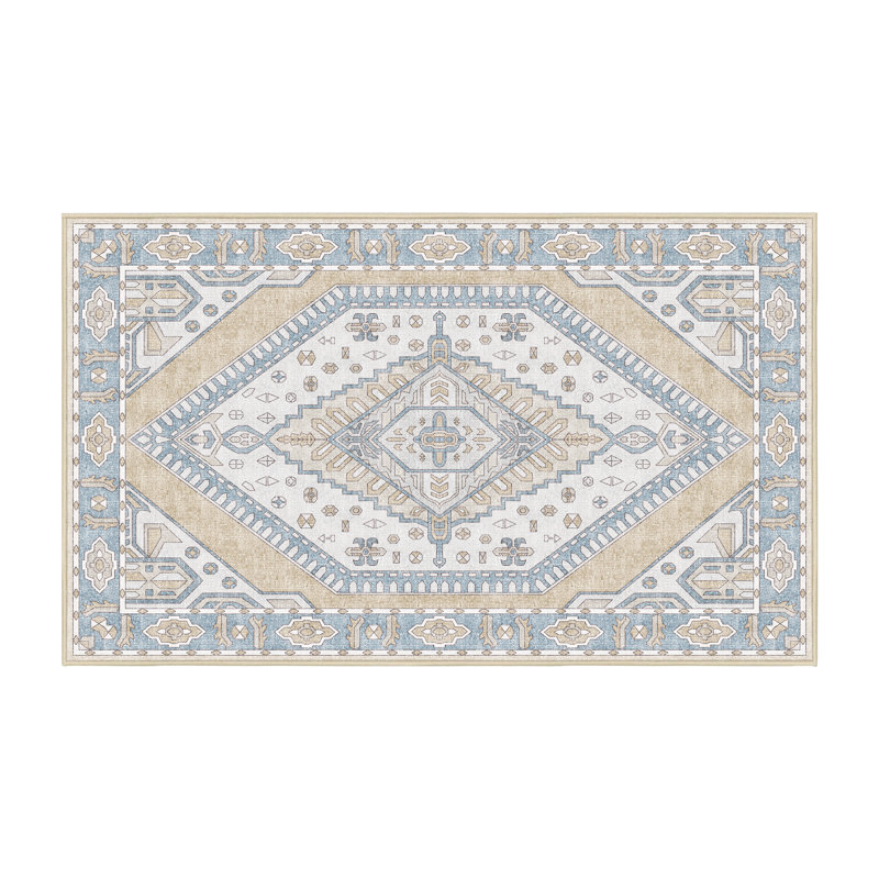 Tapis bleu / beige en chenille / polyester tissé à la main Marce, Rectangle 5 pi x 7 pi