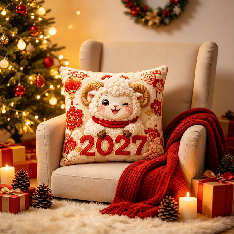 Taie d'oreiller décorative de Noël avec un agneau mignon, coussin en fibre de polyester, taie d'oreiller décorative