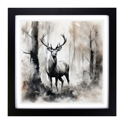 Stag In A Forest Ink No.2 - Single Picture Frame Print on Wood