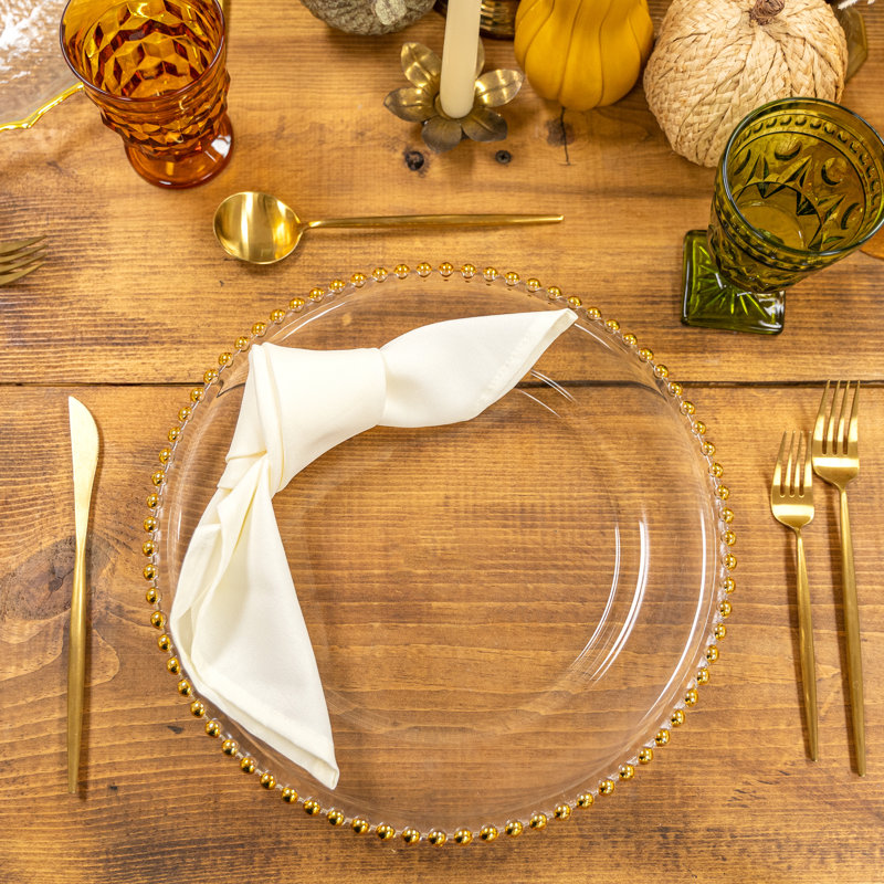 Gold Beaded Edge Clear Glass Charger Plates, Set of 4