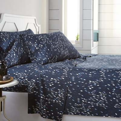 Ensemble de literie Southshore Fine Linens à motif botanique bleu, en microfibre doublement brossée 100 g/m², avec bonnet de 35,5 cm de profondeur, comprenant 1 drap plat, 1 drap-housse et 2 taies d'oreiller King, format King