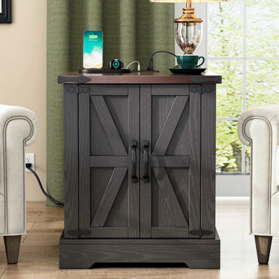 Table de bout avec capacité de charge - Tablette réglable de chambre à coucher en noyer gris et portes de grange côté rustique pour le salon
