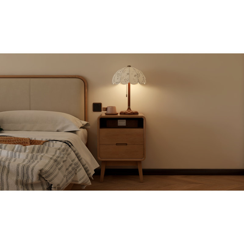 42cm W Solid Wood Bedside Table, 2 Drawers, Natural Oak