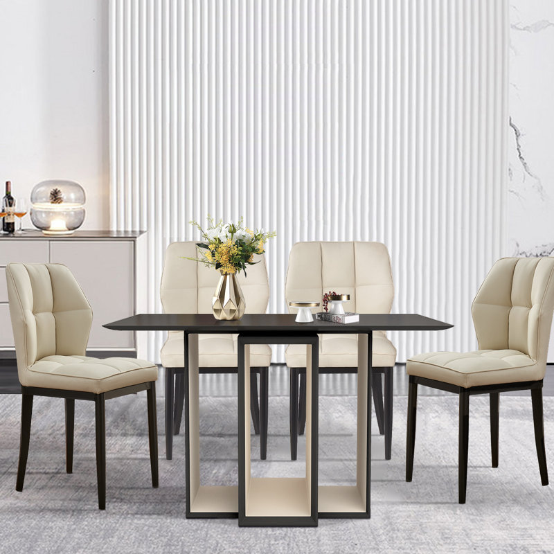 Raffertie 19.6" H PU Leather Upholstered Modern Dining Chairs With Black Metal Frame and Checker-Shaped Backerst, Beige, 2