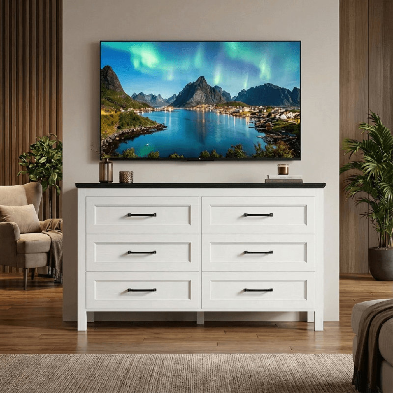Modern Farmhouse 6-drawer Dresser (54" W), Large Horizontal Storage Chest With 200lbs Top Load, Sturdy Furniture For Bedroom & Entryway