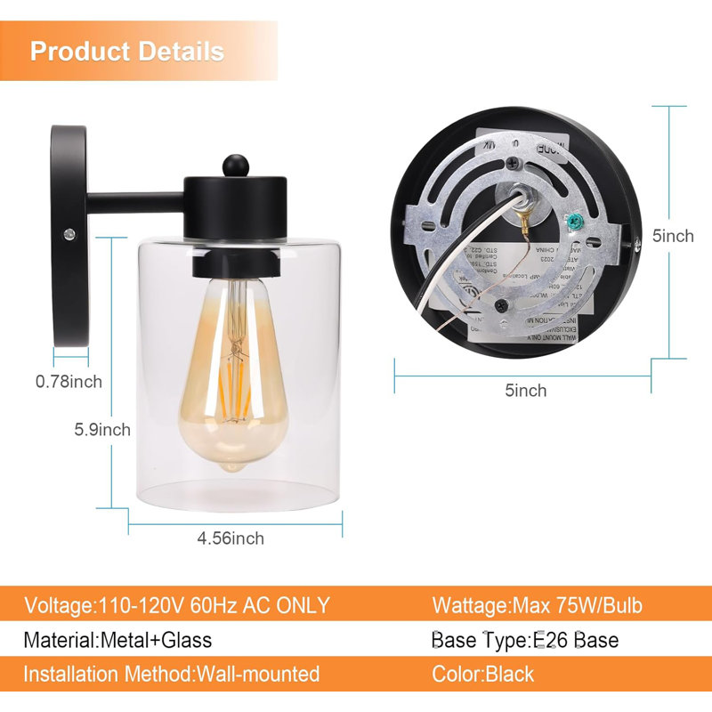 Wall Sconces Matte Black Vanity Light Fixtures Wall Lights with Clear Glass Shade for Bathroom Farmhouse Wall Lamp for Bedroom Mirror Living Room