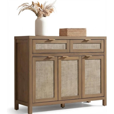 Rattan Sideboard Buffet Cabinet with Storage 2 Drawers Coffee Bar Cabinet with Adjustable Shelf and Doors for Kitchen Dining Room Entryway Living Room