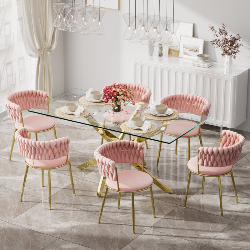 Ensemble de salle à manger à piédestal transparent avec fauteuil de salle à manger en velours ciel, Or / rose
