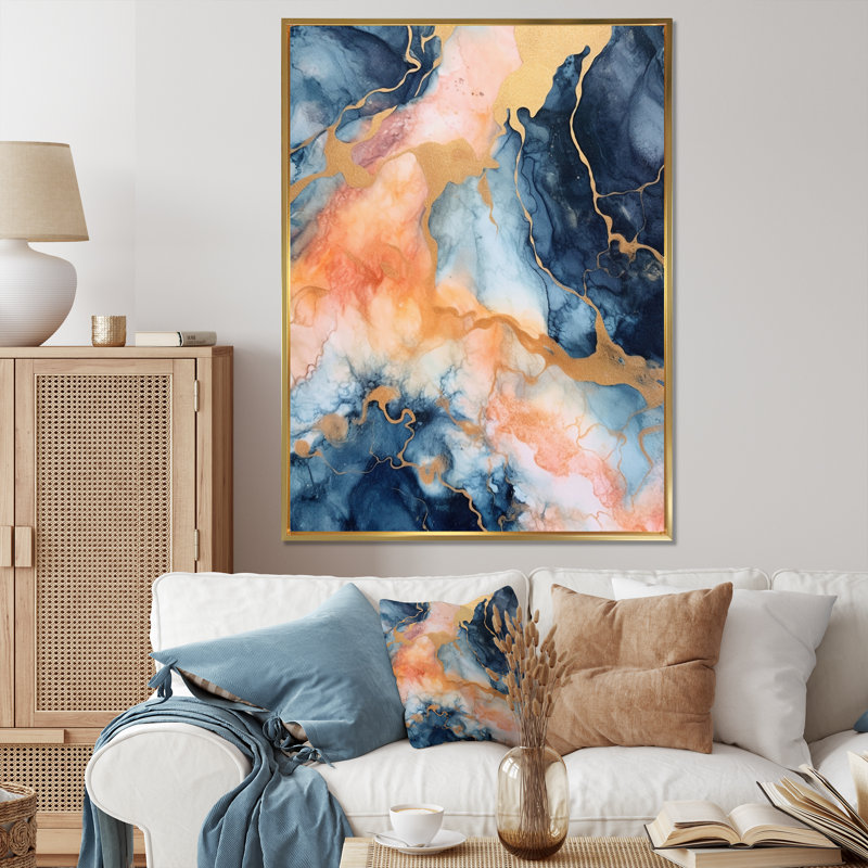 Nuage de marbre bleu et beige - impression, H 32 po x l 16 po x P 1 po, Cadre flottant doré