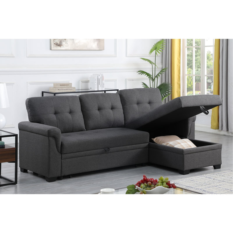 84" Dark Gray Linen Sectional With Reversible Sleeper, Storage, Plump Stitching Storage And 35" Height, Design