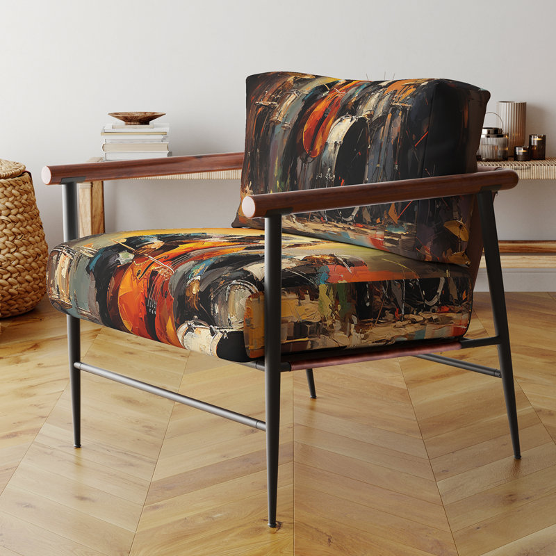 Fauteuil décoratif jaune et orange avec accoudoirs en velours, Doré
