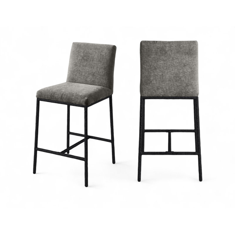 Reeves Chenille Fabric Upholstered Counter Stool, Matte Black, Grey Chenille Fabric