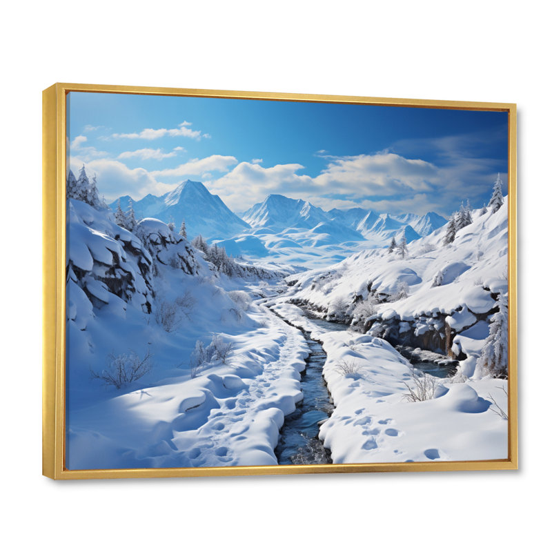 " Winter Mountain Charm ", 34" H x 44" W x 1.5" D, Gold Floater Framed