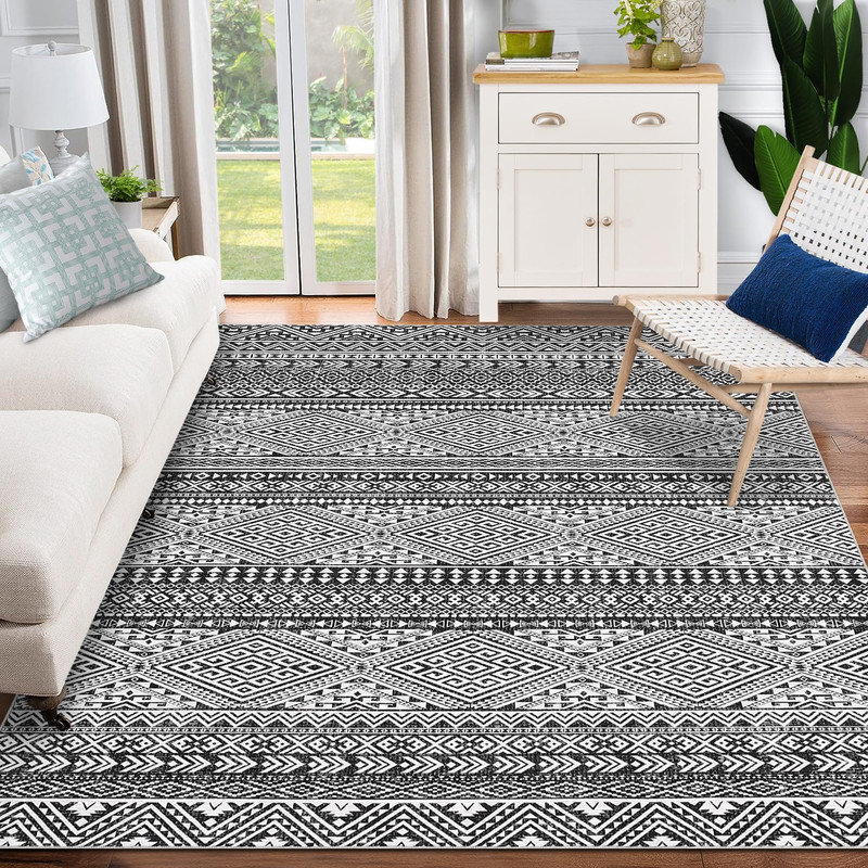 Tapis géométrique lavable et lavable Boho, L 144 po x H 108 po, Bleu