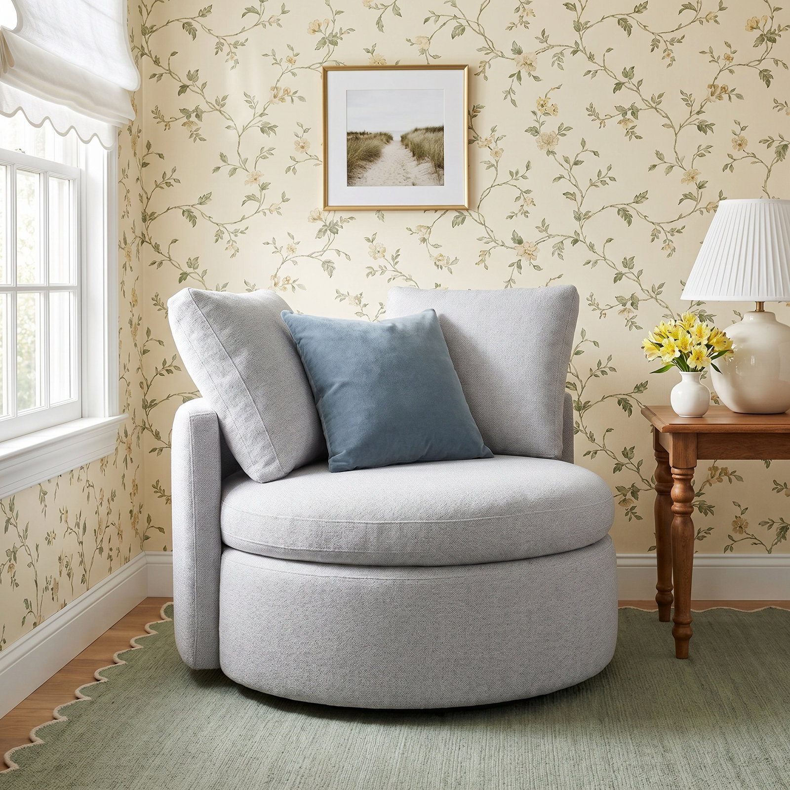Bertice Linen Swivel Barrel Chair, Effie Gray Performance Linen