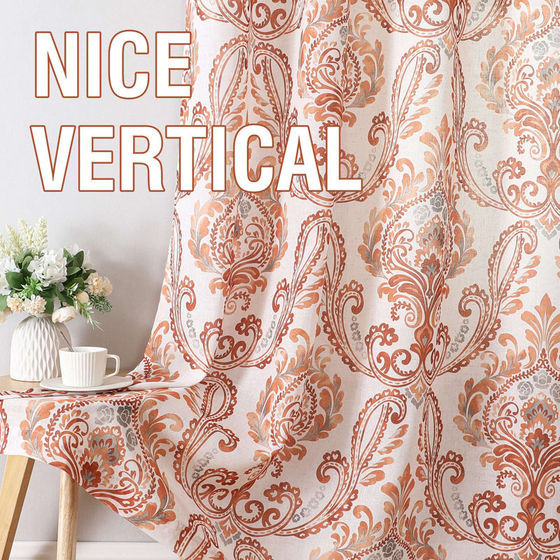 Linen Curtains Damask Floral Natural Linen Textured Curtains for Living Room Drapes Vintage Floral Pattern Privacy Added Light Filtering Mid-Century Style 2 Panels