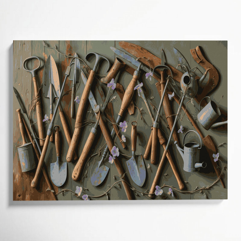 «Farm Garden Tools», art mural sur toile brune
