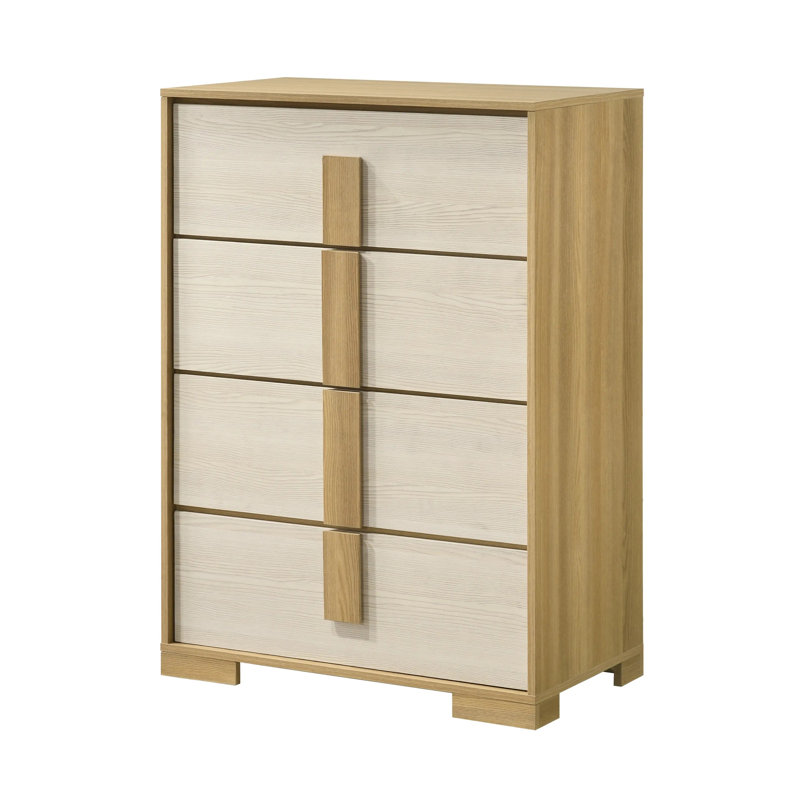 Ensemble de chambre à coucher grand lit 5 pièces en chêne clair et ivoire avec tête de lit à DEL, commode, miroir, commode et table de chevet